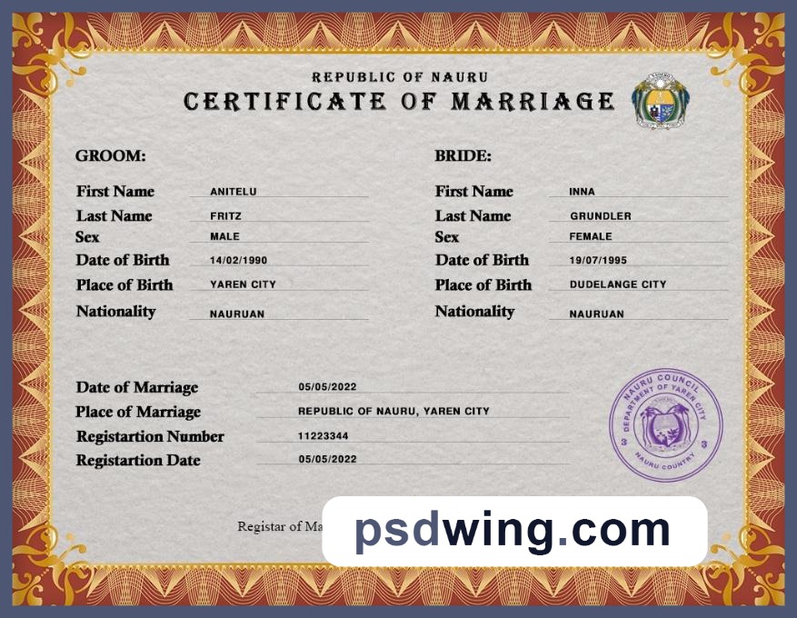 Nauru Marriage Certificate PSD Template